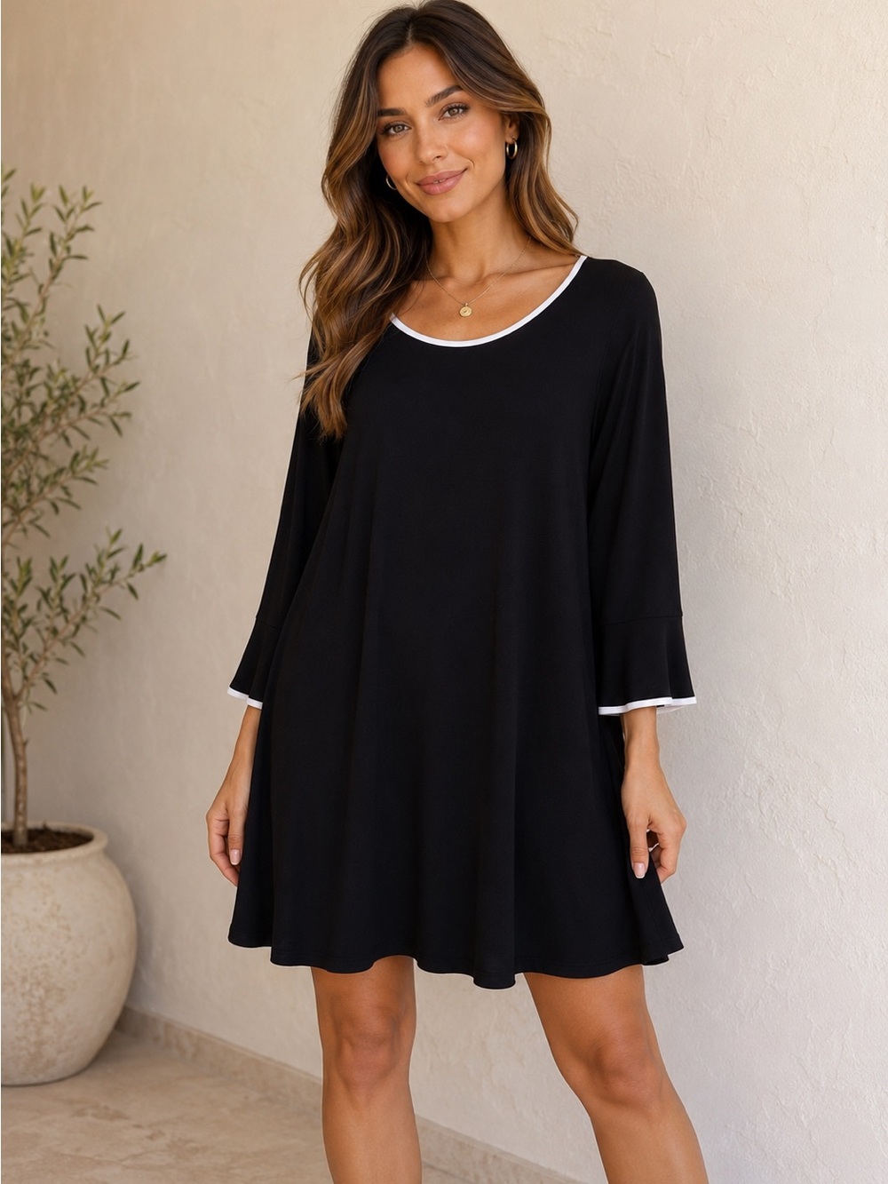 Michael Kors Black Long Sleeve Dress with White Trim